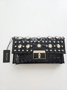 NWT Bottari USA Black Patent Croc-Embossed Rhinestone Evening Clutch Bag
